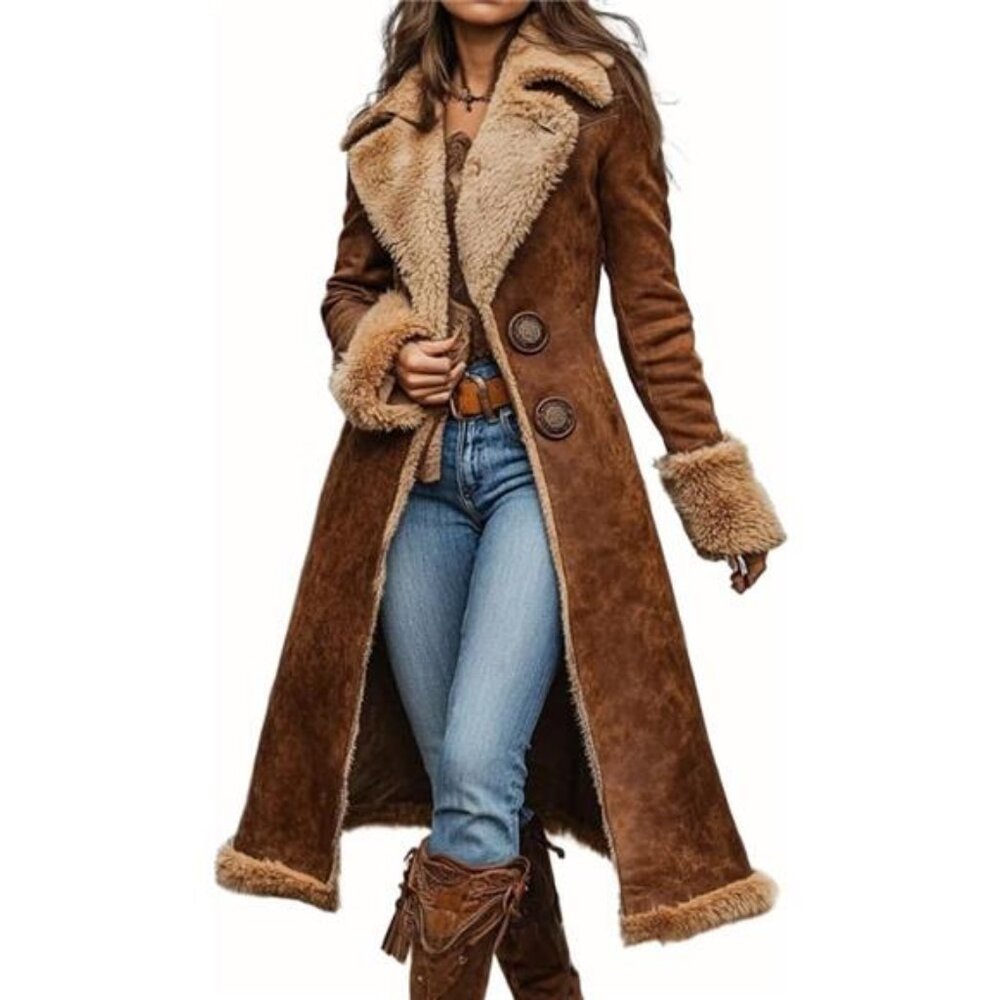 chouyatou Women's Faux Suede Sherpa Lined Midi Long Jacket Fleece Notch Lapel